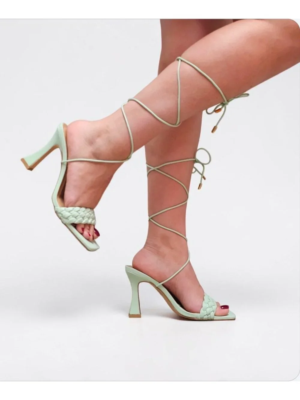Strappy Mint Green Lace-Up Heeled Sandals With Braided Front Design Square Toe A